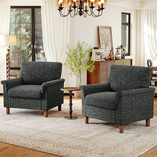 Image of Mid Century Modern Accent Chairs Set of 2,Chenille Comfy Living Room Arm Chairs,Bedroom Reading Chair with Widen Arm Rest,Cozy Single Sofa Corner Chair,Easy Assembly Required,Dark Grey