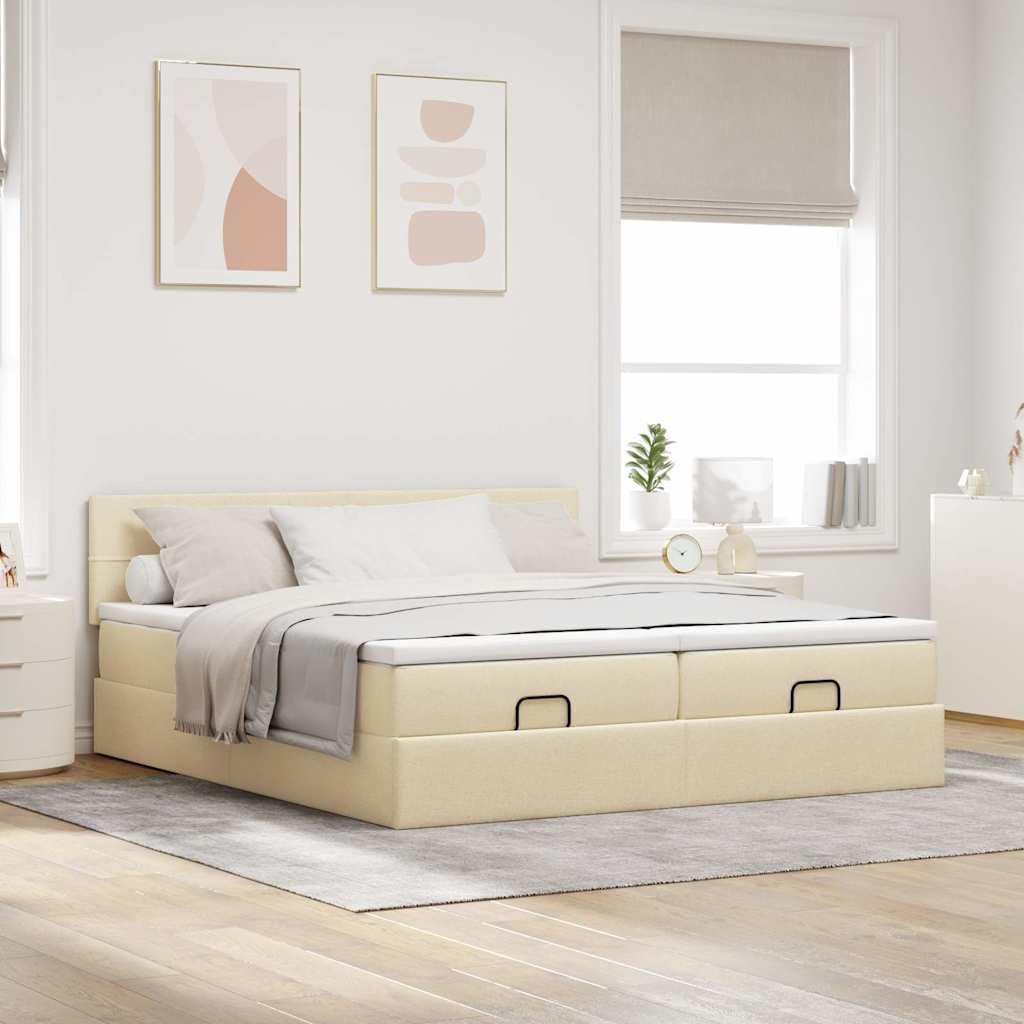 Otoman Storage Bed with Mattresses & LED Lights, Cream Fabric Upholstered Platform Bed Frame Bed, 200 x 200 cm King Size with Headboard, Port USB, Pocket Spring Mattress do sypialni