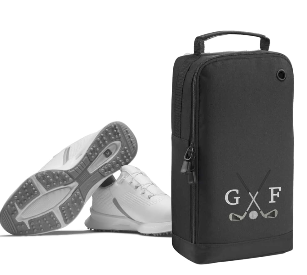 Golf Shoe Bag Personalised with Embroidered Initials - Monogrammed Golf Clubs Logo - Free P&P (Black/Black)