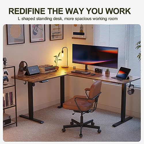 Image of BANTI L-Shaped Standing Desk - 63 x 55 Inch Adjustable Corner Standing Desk with Charging Station - L Shape Sit Stand Table with Memory Controller, Splice Board for Home Office, Rustic Brown