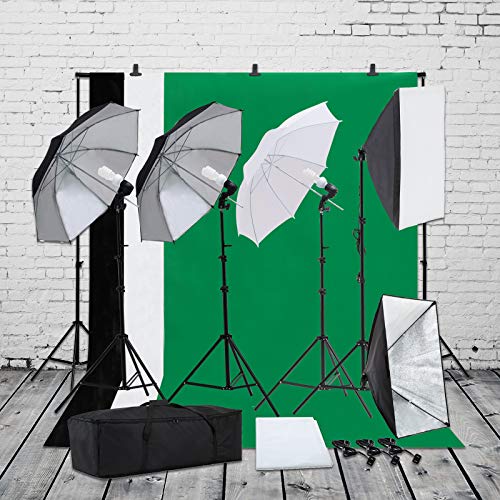 SUNCOO Photo Studio Photography Lighting Kit, Background Support Stand Kit 6.6ft x 10ft, Green Screen with Stand,Umbrellas Softbox Muslin Continuous Light Kit Case Portfolio Video Shooting, 4 Bulbs