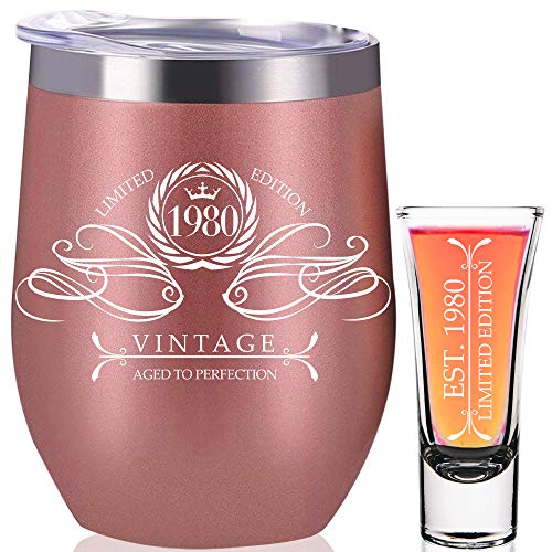 1980 40th Birthday Gifts For Women | 40th Birthday Decorations Present for Women | Funny Present Ideas Her Wife Mom | Rose Gold Wine Tumbler 12 Oz Stainless Steel Insulated Shot Glass | 40 Anniversary