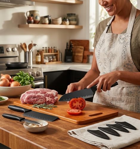Image of 3 Knife Set with Wooden Chopping Board (4-Pcs) | Stainless Steel Kitchen Knife with Blade Cover and Eco-Friendly Cutting Board Multipurpose for Cut Vegetable, Fruit & Meat | Kitchen Knives Wood Board