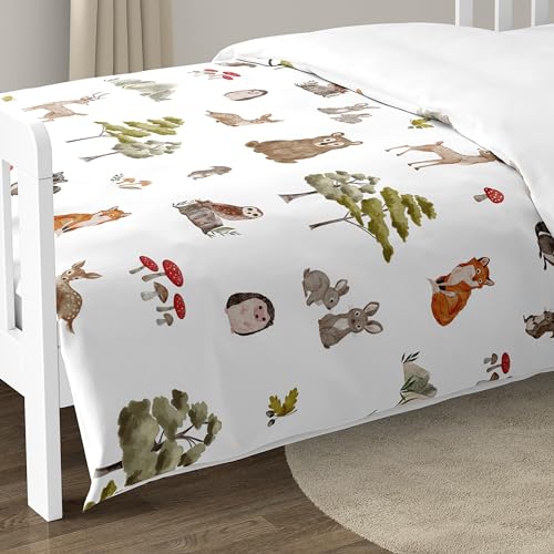 Image of Sweet Jojo Designs Woodland Forest Animals Boy Girl Gender Neutral Toddler Bedding Set Kids 5p Bed in a Bag Comforter Blanket Pillowcase Sham Sheets Animal Friends Green Grey Brown Bear Fox Hedgehog