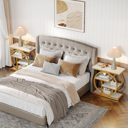 Image of Tribesigns End Table Set of 2, Narrow Faux Marble Side Table with Storage Shelves, 4-Tier Modern Skinny Sofa Side Table with Geometric Metal Frame for Bedroom, Living Room, White & Gold