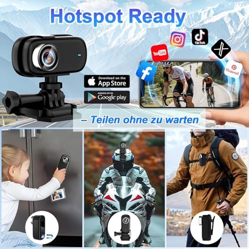 Bild 2 - Mini Action Cam WiFi mit Bildschirm, 4K UHD & 150° Weitwinkel IP65 wasserdichte Bodycam 4K 64GB, Tragbare Anti-Shake Helmkamera Motorrad – Ideal für Sport & Outdoor-Aktivitäten