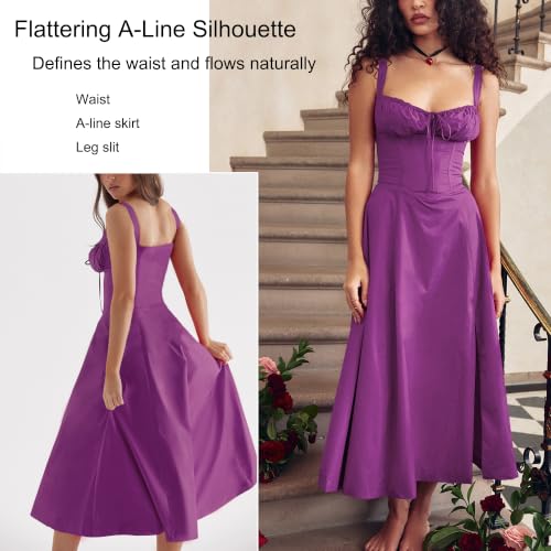 Image of Floral Corset Midi Dress Square Neck A Line Dress with Slit