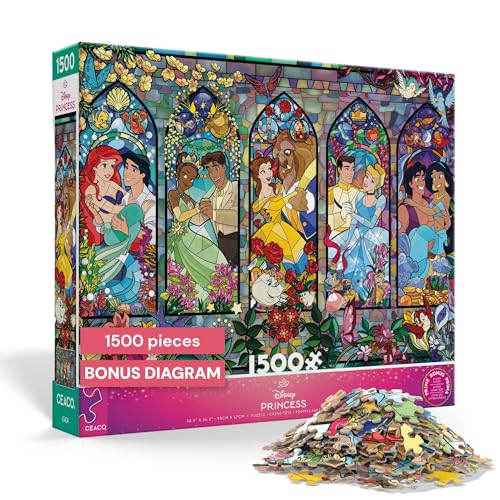 Ceaco Disney Princess Royal Windows Jigsaw Puzzle – 1500 Piece Puzzle for Adults, Stained Glass–Style Princess Artwork, Includes Reference Poster