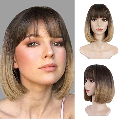 CHRSHN Short Bob Wigs with Bangs Straight Shoulder Length Wig Ombre Dark Brown to Light Brown Natural Looking Synthetic hair for Girl's wig