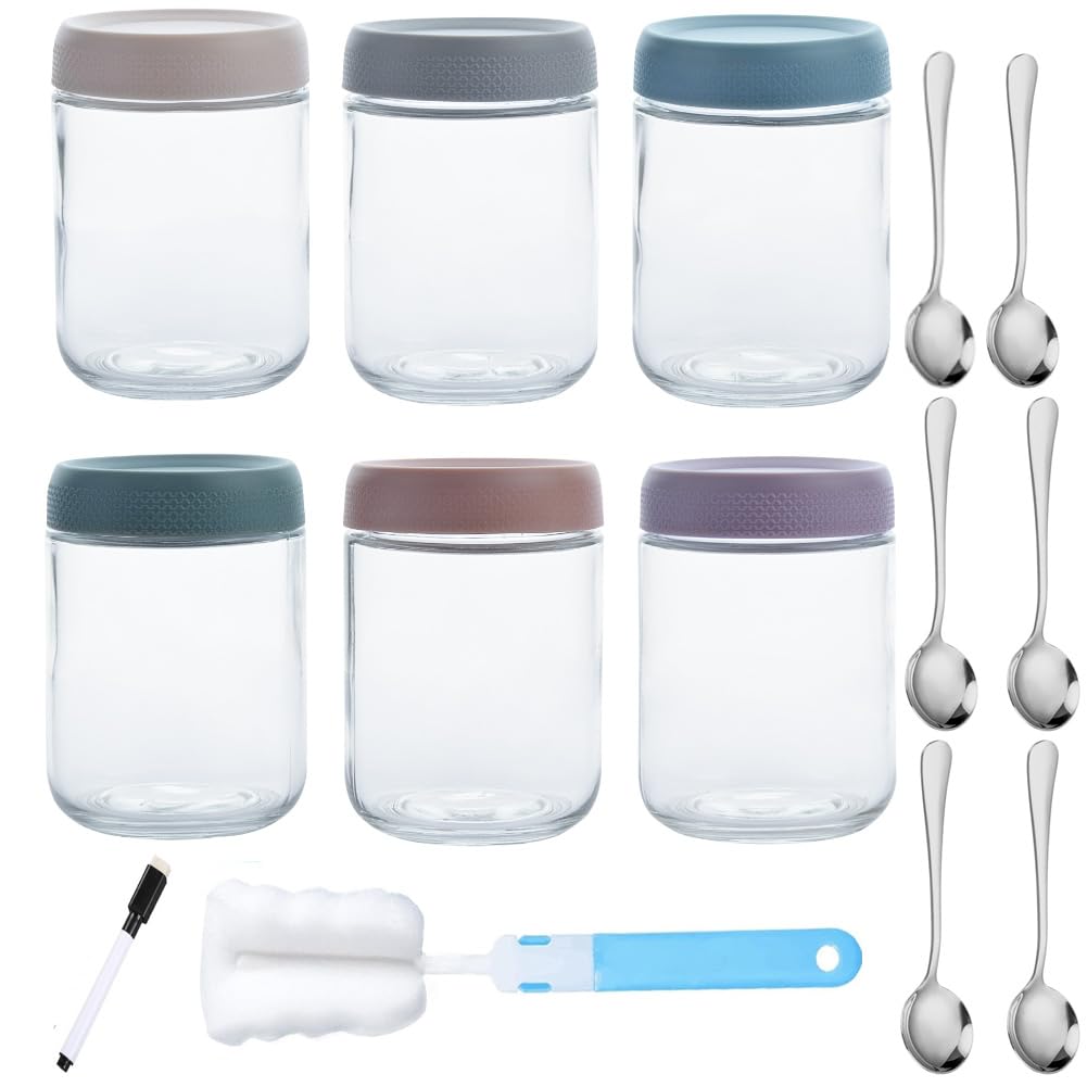 Recipientes de vidrio para avena nocturna, paquete de 6 tarros Mason de boca ancha de 16 onzas con 6 tapas herméticas, 6 cucharas, un marcador y un cepillo para almacenamiento de frutas,