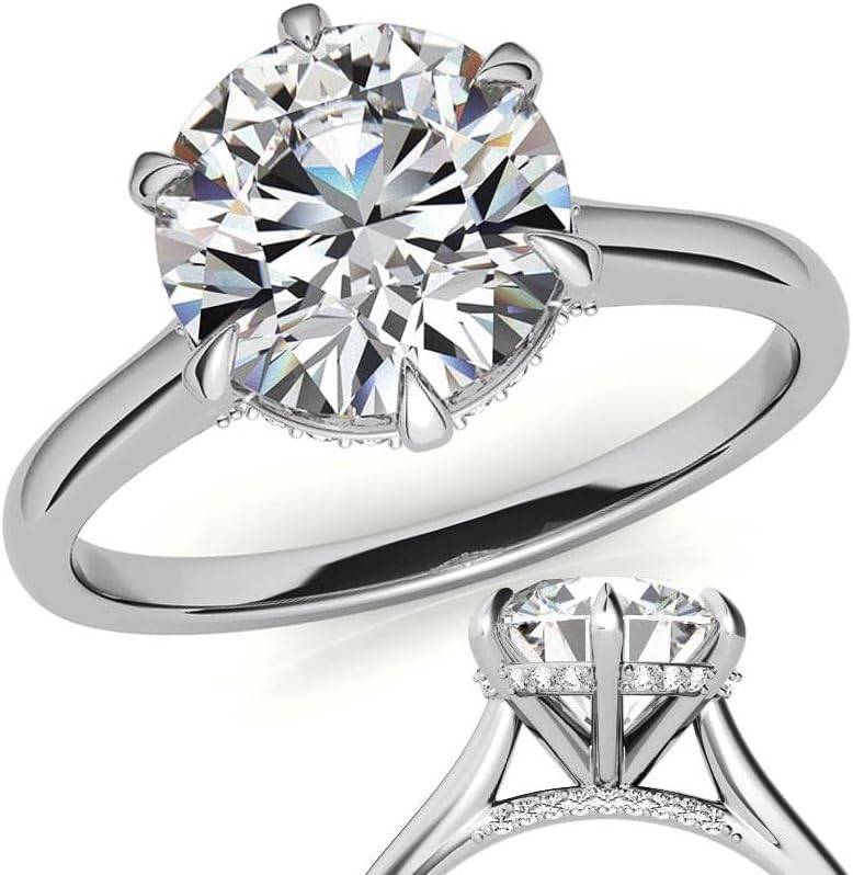 1-5 Carat, EF-VS IGI Round Cut Lab Grown Diamond 6-Prong Cathedral Engagement Ring with Hidden Halo In 14k White Yellow Rose Gold For Women