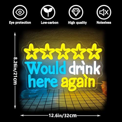 Image of Would drink here again Neon Sign for Wall Decor Funny Bar Neon Sign Dimmable Beer Led Neon Lgiht Decorations for Home Bar Basement Garage Mancave