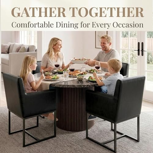 Image of HNY Mid Century Modern Upholstered Dining Chairs with Arms Set of 4, Faux Leather Accent Chairs with Black Finish Metal Frame, 19 inch Wide Arm Chairs for Living Room Kitchen Bedroom, Black
