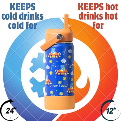 Image of TOM & BELL Insulated Water Bottle for Kids 500ml,Double Wall Water Bottle for School, Sipper Bottle,Hot and Cold, Premium 304 Stainless Steel. (BlueDino, 500ml)
