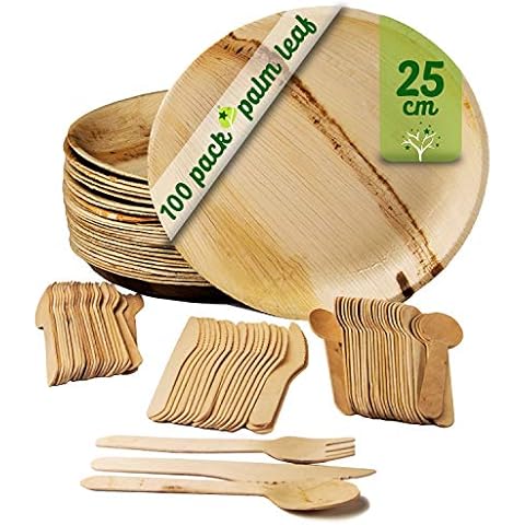 GoBeTree 25 Platos de Hoja de Palma con Cubiertos de Madera Cover