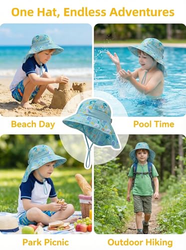 Image of icolor Kids Sun Hat Toddlers UPF50+Bucket Summer Beach Play Sun Protection Hats with Neck Flap for Ages 3~10 Girl Boy