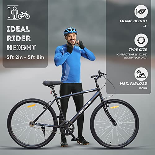 Image of VECTOR 91 Freedom 26T Matt Black Single Speed Hybrid Cycle with 18 Inches Steel Frame for Men, Rigid