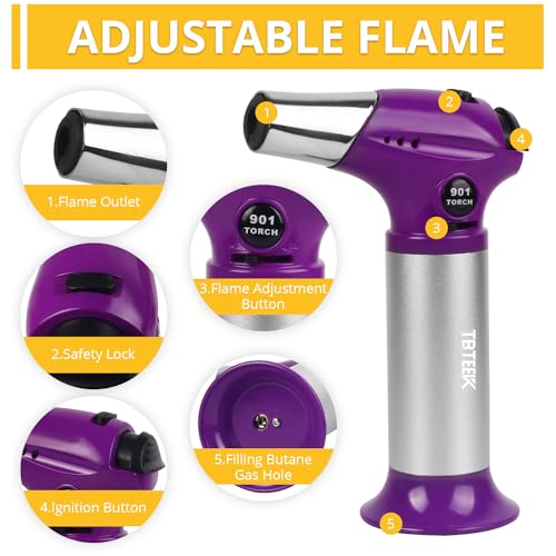 Image of TBTEEK Butane Torch T901, Kitchen Torch Cooking Torch with Safety Lock & Adjustable Flame for Cooking, BBQ, Baking, Brulee, Creme, DIY Soldering(Butane Not Included), Purple