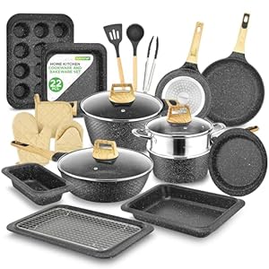 NutriChef 22-Piece Black Marble Non-Stick Cookware and Bakeware Set – Professional Home Kitchen Collection with Multi-Sized Pots, Pans, and Heat-Resistant Tools