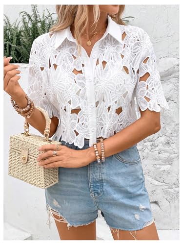 SOLY HUX Women's Floral Lace Cropped Blouses Hollow Out Crop Tops Blouse Short Sleeve Button Down Shirts3