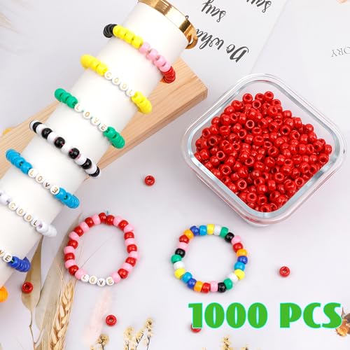 Image of 1000Pcs Pony Beads Bracelet 9mm Red Plastic Barrel Pony Beads for Necklace,Hair Beads for Braids,Key Chain,Jewelry Making (Red)
