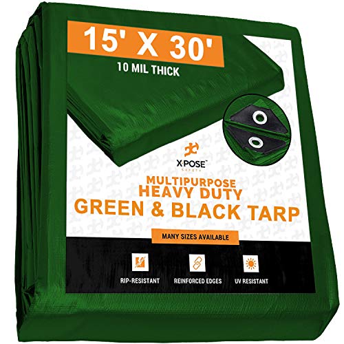 60% Off Discount Heavy Duty Poly Tarp 15 Feet x 30 Feet 10 Mil Thick Waterproof, UV Blocking Protective Cover - Reversible Green and Black - Laminated Coating - Grommets - by Xpose Safety