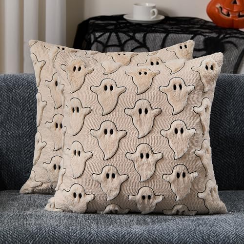 Halloween Pillow Covers Set – Black Eyes Beige Ghost Plush Decor