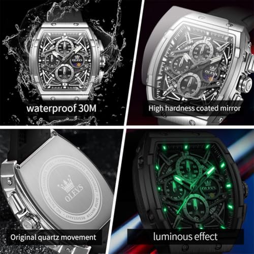 Image of OLEVS Men Watches Business Dress Chronograph Big Square Quartz Analog Male Watch Silicone Strap Waterproof Date Gift Mens Wrsit Watch Silver