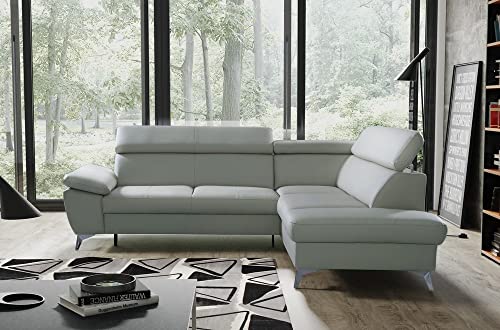 VENESETTI Canapé d'angle Convertible en Cuir Italien de Luxe 5 Places Warren II, avec Coffre, Gris Clair, Angle Droit