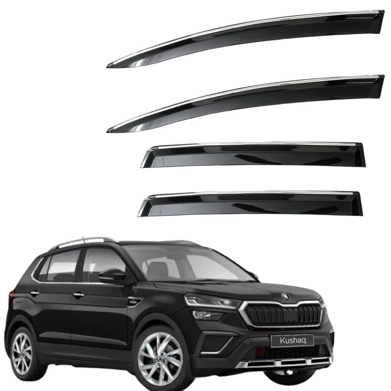 Image of CAR SAAZ Unbreakable Side Window Door Visor for Kushaq (2021-2026) | Chrome Smoke Finish | Rain & Wind Deflector - Set of 4 Pcs