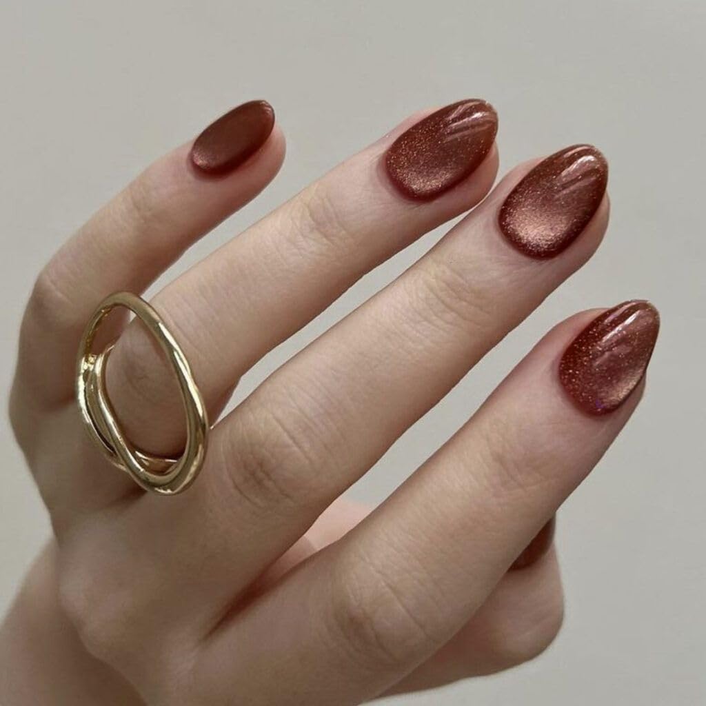 SXVME Soft Gel Press on Nails Extra Short Oval, 30 Pcs Light Brown Cat Eye False Nails Short Almond