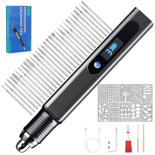 Cykelith Gravierstift Kit Wiederaufladierbar mit 33 Bits 10 Schablonen Mini Graveur Gravurwerkzeug Zu 21000 U/min Tragbar Multifunktionswerkzeug für Schmuck, Holz, Glas, Metall, Kunststoff, Stein,DIY