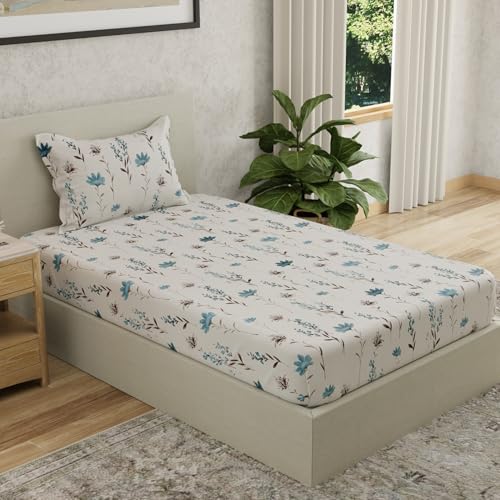 Image of HUESLAND by Ahmedabad Cotton 144 TC Cotton Elastic Fitted Bedsheet for Single Bed with 1 Pillow Cover | 36 x 78 inches
