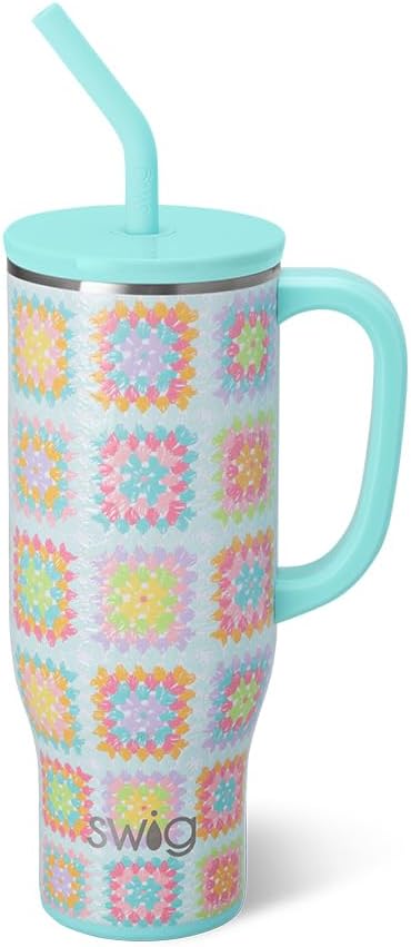 Swig Life 30oz Mega Mug, 30oz Tumbler with Handle and Straw, Large Insulated Tumblers, Cup Holder Friendly Travel Mug, Stainless Steel 30 oz Tumbler, Reusable Insulated Water Bottle (Granny Squares)