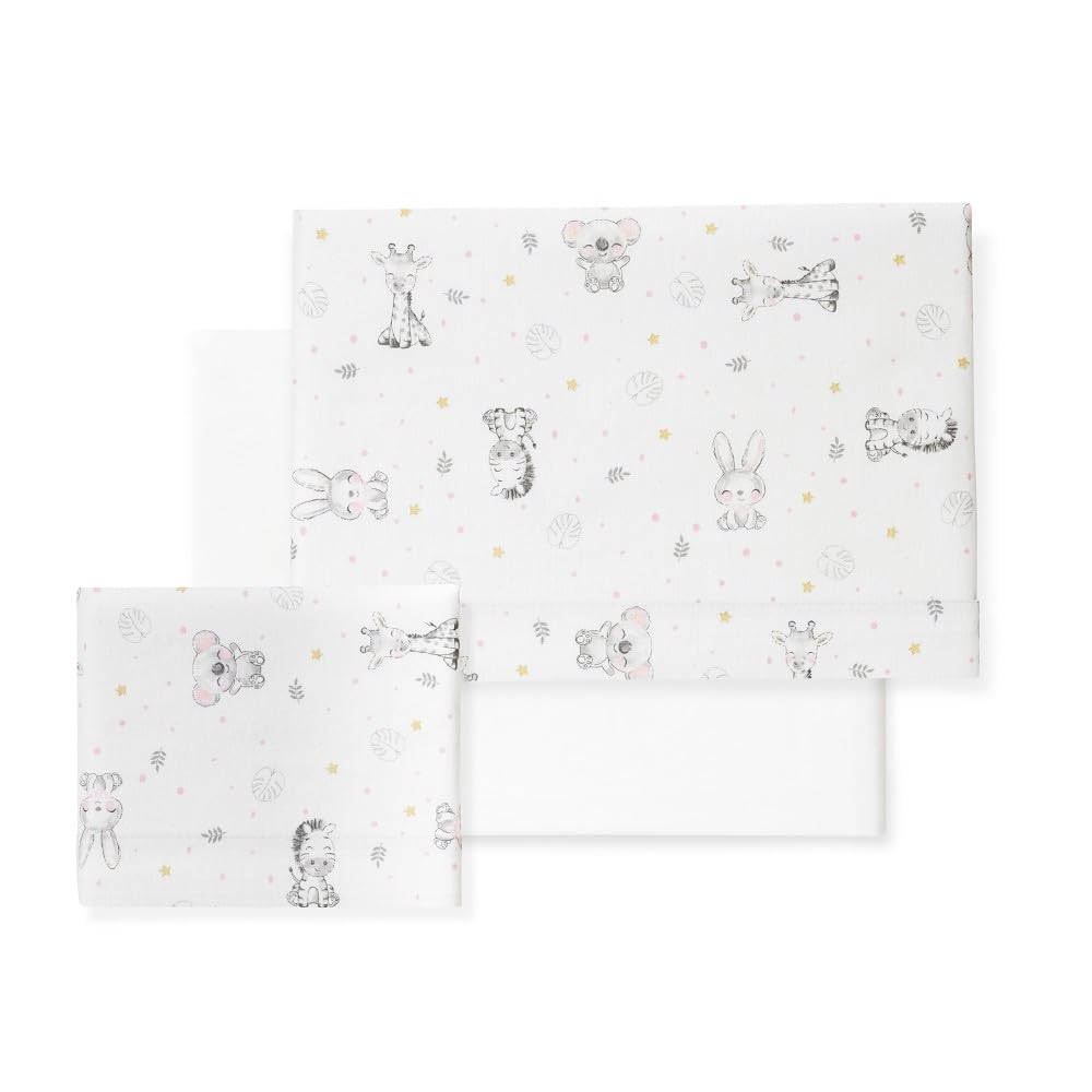 Sábanas Cochecito, Capazo, Carrito medidas compatibles 80x40cm/ 75x35cm/ 75x33cm/ 72x32cm Conjunto 3 Piezas, Franela 100% Algodón, Ideal Otoño e Invierno, Koala Blanco/Rosa - Hecho en España