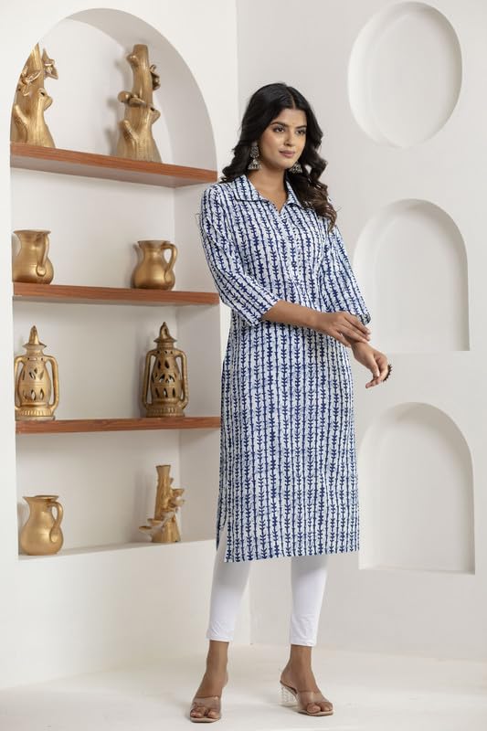 Image of Women Pure Cotton White and Blue Striped Printed Kurta