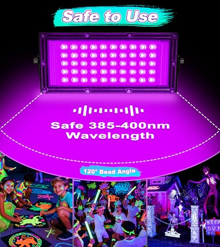 Image of TigQiang 50W 2 Pack LED Black Light IP66 Waterproof,Outdoor Blacklight Flood Light with Plug Switch Cord, for Halloween, Neon Glow in The Dark Party, Body Paint, Fluorescent Poster, Classroom Party
