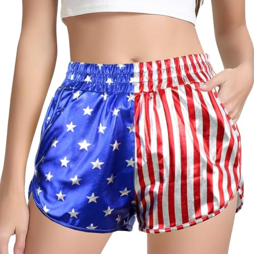 PESION American USA Flag Shorts for Women Metallic Flag Pants for Fourth of July Outfit, American Flag, Large