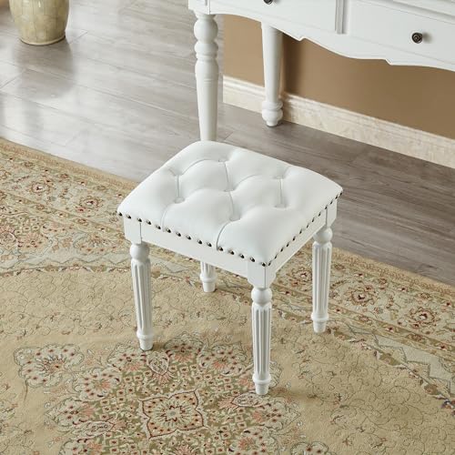 Vanity-Bench-Stool-with-Leather-Cushion-Vanity-Chair-with-Solid-Wood-Carving-Legs-for-Bedroom-Makeup-Room-Living-Room-Easy-Assembly-White Vanity Bench Stool with Leather Cushion Vanity Chair with Solid Wood Carving Legs for Bedroom Makeup Room Living Room Easy Assembly White