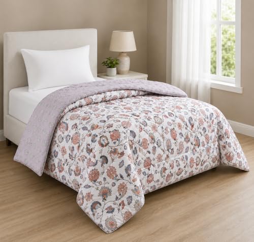 Image of RRC Jaipuri Beautiful Floral Print in White and Green Jaipuri Rajai /Razai /Quilt Single Bed Quilt /Comforter /Ac Quilt /Ac Comforter, Cotton, Lightweight Pack of 1, 200 GSM