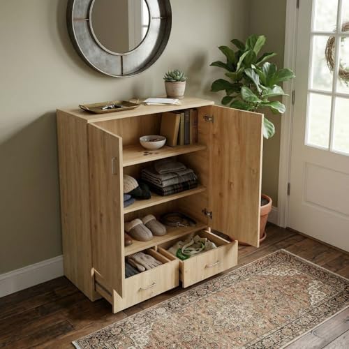 Image of FFO Wooden Storage Cabinet with 2 Doors & 2 Drawers | Multi-Purpose Wardrobe Organizer with Shelves | Engineered Wood Cupboard for Living Room, Bedroom & Office | Modern Sideboard Storage Unit DIY.