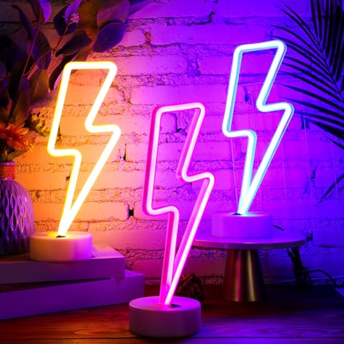 Image of Sieral 3 Pcs Lightning Bolt Neon Signs Lightning Neon Lights with Base LED Sign USB or Battery Operated for Teen Girls Gift Christmas Birthday Wedding Party Decor(Warm White, Blue, Pink)