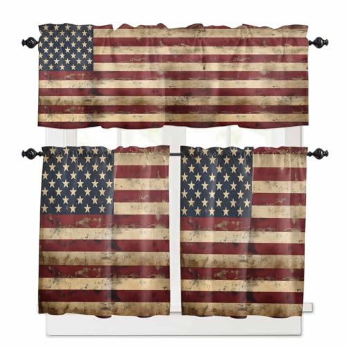 Retro American Flag Kitchen Curtains 24 Inch Length, 3 Piece Rod Pocket Small Half Tiers and Valance Set, Vintage Shabby US Flag Small Large Window Treatment Decor for Bedroom/Bathroom Sink