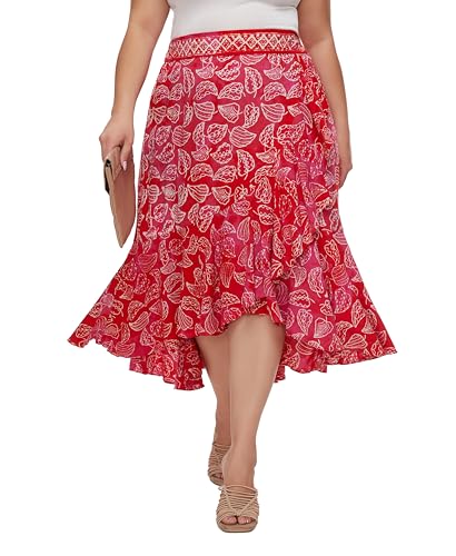 Beautybatik Women Hand Batik Floral Print Long Flowy Pleated Elastic High Low Ruffle Skirt XL 1X 2X