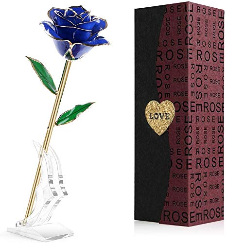 HOKEKI - Flor Artificial de Oro Rosa de 24 Quilates con Soporte Transparente y Caja de Regalo, día de San Valentín, Aniversario, cumpleaños para Ella