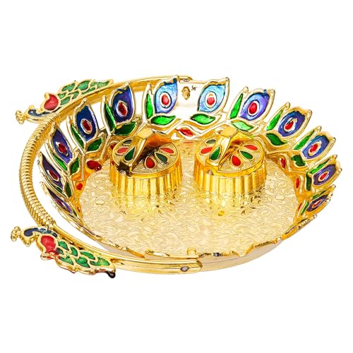 Image of eCraftIndia Peacock Decorative Pooja Thali for Diwali, Navratri, Karwa Chauth, and Puja Celebrations - Diwali Decoration Items for Home Decor