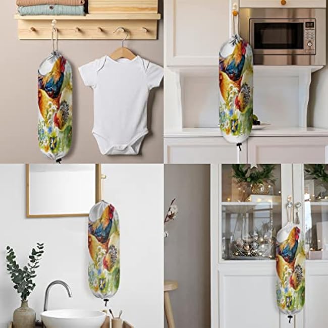Chicken Rooster Plastic Bag Holder Cute Wall Mount Plastic Bag Organizer Reusable Large Grocery Bag Storage Dispenser for Home Kitchen Travelling 22x9