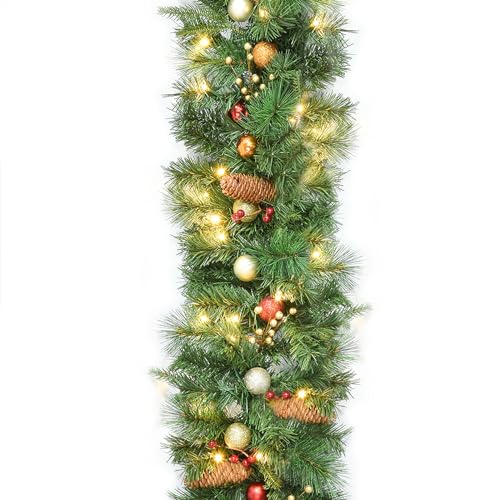 DearHouse 9FT Pine Christmas Garland with 50LED Ligths, Winter Artificial Greenery Garland with Spruce Cypress for Holiday Season Mantel Fireplace Table Runner Centerpiece Xmas Decor