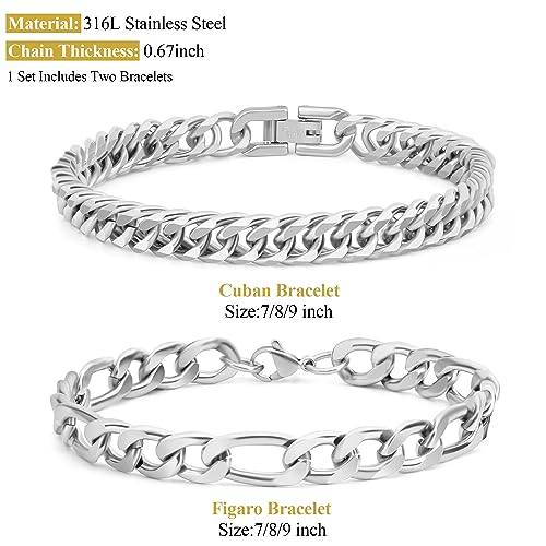 2PCS Cuban Link Figaro Bracelet, Silver Gold Black Sturdy 316L Stainless Steel Cuban Link Chain for Men Jewelry Set with Gift Message Card 8mm, 7/8/9 Inches2
