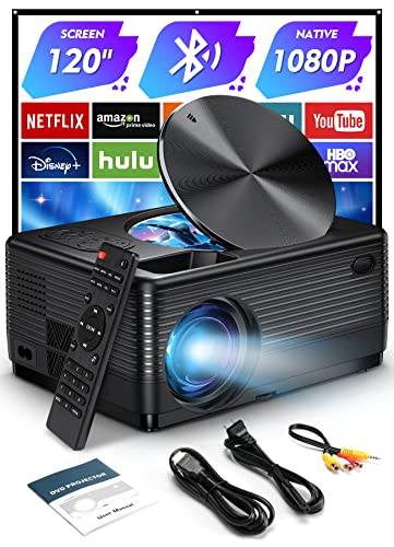 Mini Projector for iPhone, 1080P DVD Projector with Bluetooth and 120 inches Screen, Portable Video Projector for Outdoor Family Movie Night Compatible Phone/HD/Stick/USB,Built in DVD Player Projector